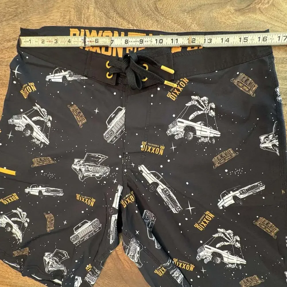 Dixxon Shorts Mens 32 Black Space Car Print Boardshorts Swim Trunks Drawstring